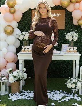 Elegant Brown Lace Maternity Gown - Long Sleeve